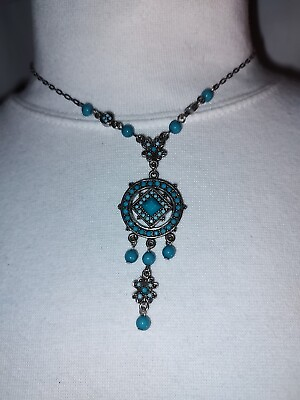 #ad Silver Toned Pendant Necklace With Turquoise Colored Stones $6.99