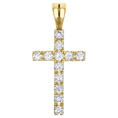 #ad 14K Yellow Gold Real Diamond Mini 1 Row Prong Set Cross Pendant 1quot; Charm 0.57 CT $415.00