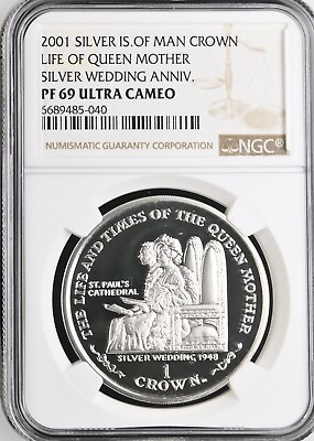 #ad 2001 SILVER ISLE OF MAN 1 CROWN QUEEN MOTHER SILVER WEDDING ANNIV. NGC PF69 UC $149.99