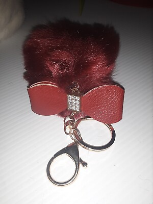 #ad Cute Handmade Pom Pom Keychain w Bows and Bling. Lucky Bunny Tail RED BIN380 $2.24