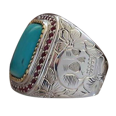 #ad Vintage Silver Plated Turquoise Ring Skull Flower Engraved Ring for Men Women C $3.99