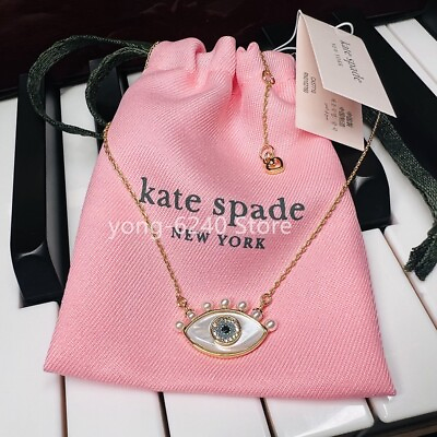#ad Kate ks Spade Blue Crystal Pearl Evil Eye Pendant Necklace Gold Tone w Dust Bag $21.99