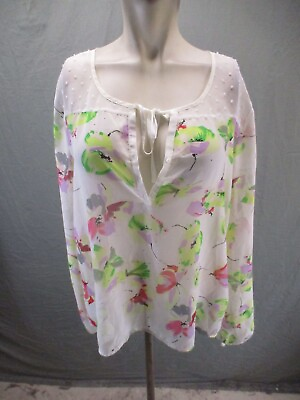 #ad GUESS Size L Womens Multicolor Lace Keyhole Tie Long Sleeve Sheer Blouse 266 $19.99