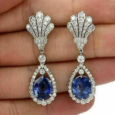 #ad 3Ct Oval Lab Created Sapphire Art Deco Drop Dangle Earring 14K White Gold Plated $110.00