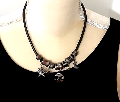 #ad Chico#x27;s bronze tone celestial charms necklace black cord 14quot; $11.20