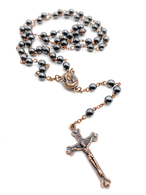 #ad Hematite Rosary Beads Black Catholic Necklace Anqiue Holy Mary Soil Medal Cross $12.90