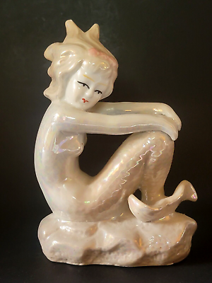 #ad Vintage Lusterware Iridescent Mermaid Ceramic Figurine Made in China 1940’s $70.00