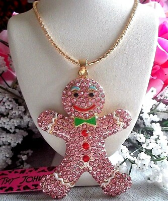 #ad BETSEY JOHNSON CUTE GINGERBREAD MAN INLAID IN CRYSTAL amp; ENAMEL PENDANT NECKLACE $31.99