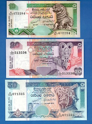 #ad Sri Lanka 10 amp; 20 amp; 50 Rupees World Paper Money Uncirculated Banknotes Set # 4 $4.95