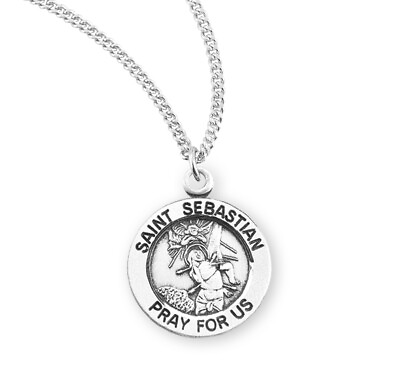#ad Catholic Patron Saint Sebastian Round Sterling Silver Medal Pendant Necklace $49.88