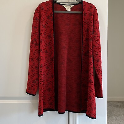 #ad Misook Exclusively Open Cardigan Red Black Floral Print Long Sleeve Sz Medium $43.99
