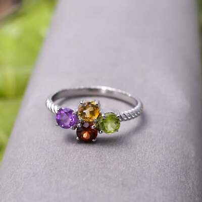 #ad 92.5 Sterling Silver 2 Gram Natural Multi Gemstone Round Shape Ring Jewelry $16.99