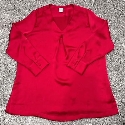 #ad Chico#x27;s Blouse Size 2 Solid Red Long Sleeve Up 100% Polyester $10.00