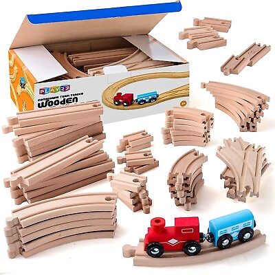 #ad 52PCS Wooden Train Track Pack Set Wooden Train Set With 2 Bonus Toy Trains $35.99