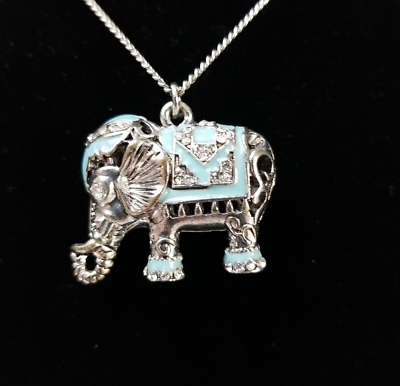 #ad 34quot; Silver Tone Chain Blue Enamel Elephant Pendant Necklace with Rhinestones $14.99