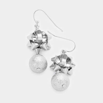 #ad Pierced 1 3 4quot; silver Christmas bow and dangle ball earrings $11.69