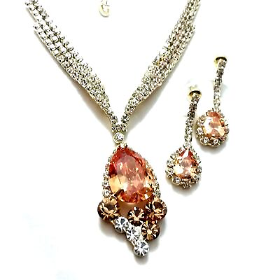 #ad Rhinestone Tennis Necklace and earrings set bling glamour pageant peach pink $21.85