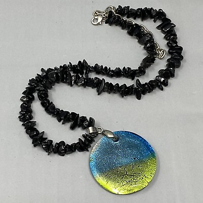 #ad Blue amp; Green Dichroic Glass Pendant Necklace Lampwork Black Nugget Chip 21quot; $13.82