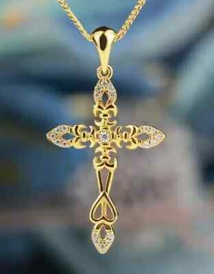 #ad Wedding Cross Pendant 2Ct Round Cut Real Moissanite 14K Yellow Gold Plated $131.25