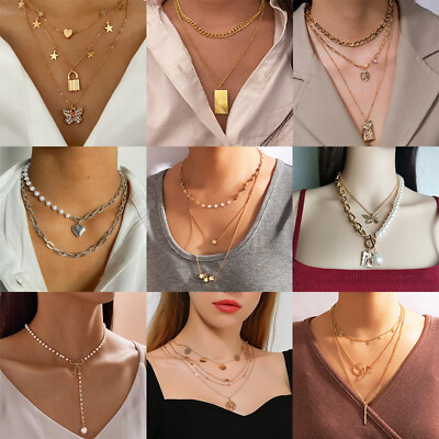 #ad 2021 Boho Women Crystal Multi Layer Choker Collar Pendant Chain Necklace Jewelry $5.46