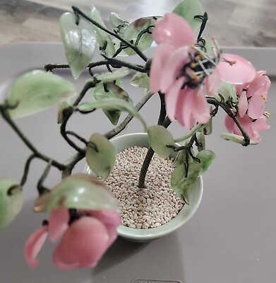 #ad Vintage Chinese Glass Jade Leaves Pink Cherry Blossoms Bonsai Tree. 9 High” $29.99