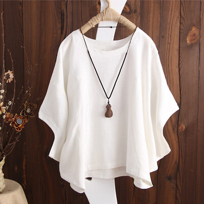 #ad Lady Cotton Linen T Shirt Tops Loose Blouse Short Sleeve Front Button Casual $23.39