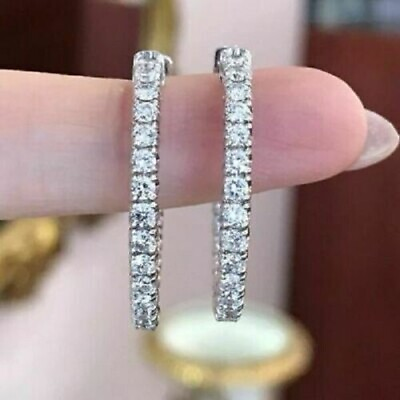 #ad 1.50Ct Lab Created Round Cut Diamond Huggie Hoop Earrings 14K White Gold Finish $28.00