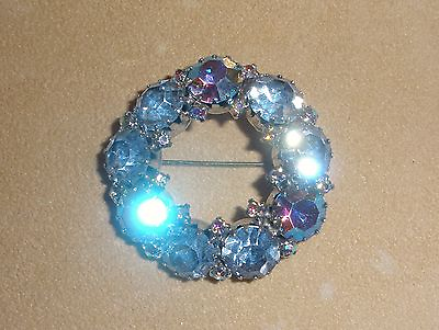 #ad Classic Circle Pin by Weiss in Medium Blue Iridescent Stones $24.88