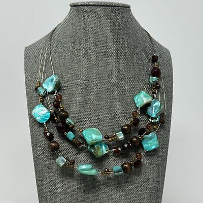 #ad Vintage Multi Layer Blue Shell amp; Brown Bead Bib Necklace $11.00