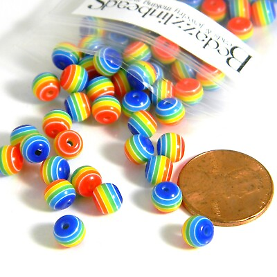 #ad 100 Rainbow Stripe 6mm x 5mm Round Plastic Resin Beads W Opaque Striped Lines $7.49