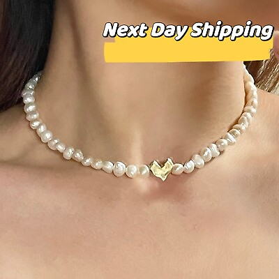 #ad Natural Freshwater Pearl Necklace Pearl Choker with 18K Gold Heart Charm $25.80