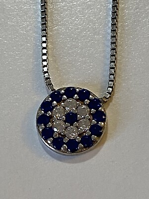#ad 925 Sterling Silver Necklace Blue Turkish Eye Round Cubic Zirconia 18” #641 $18.00