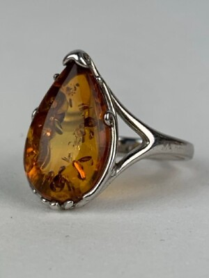 #ad Beautiful Tear Drop Amber Gemstone Sterling Silver Vintage Ring Size 8 $85.00