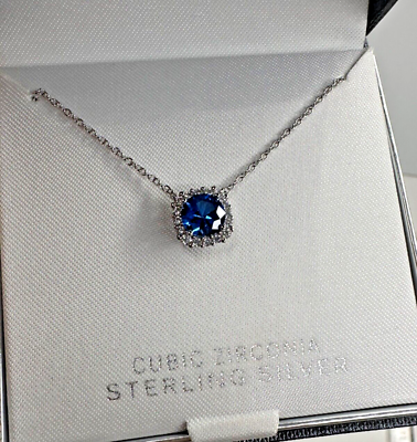 #ad Primrose Sterling Silver Necklace Blue Cubic Zirconia Pendant Halo 18quot; 925 NEW $28.02
