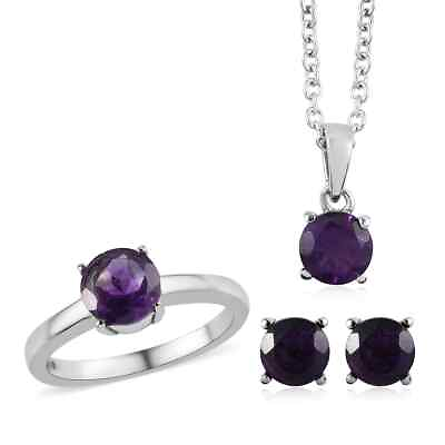 #ad Natural Amethyst Ring Size 7 Stud Earrings Pendant Necklace Jewelry Set Ct 2.9 $17.90