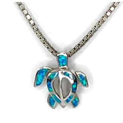 #ad 925 Silver Fire Opal SEA TURTLE NECKLACE 22quot; Sterling 2mm Box Chain 7 8quot; Pendant $140.00