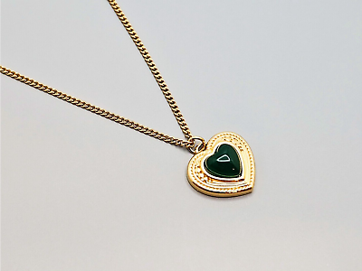 #ad 18K Gold Plated Stainless Steel Heart Pendant Necklace Heart Emerald Stone $15.00