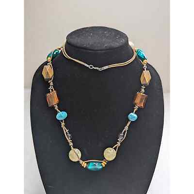 #ad Vintage Turquoise and Amber Glass Beaded NEcklace Boho Rope Knotted $18.00