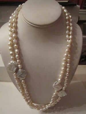 #ad MASSIVE PEARL NECKLACE WITH BAROQUE PEARL SLABS 54quot; LONG HEAVY BBA 6 $143.00