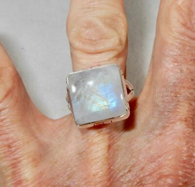 #ad Rainbow Moonstone Flashy Square Ring Double Banded 925 Sterling Silver Size 8.5 $54.95