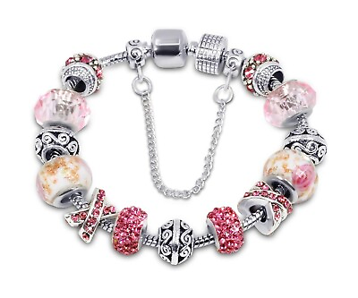 #ad 18K White Gold Plated Pink Crystal Charm Bracelet Made with Swarovski Elements $9.99