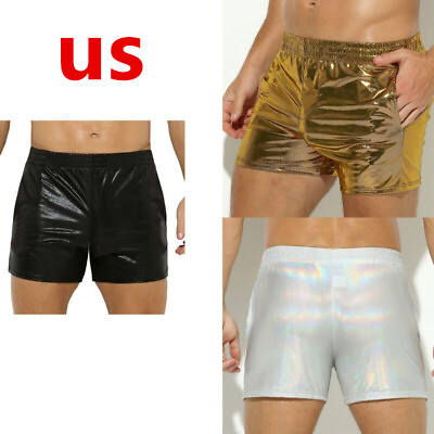 #ad US Men#x27;s Fashion Shiny Faux Leather Short Low Rise Elastic Waistband Short Pants $12.77