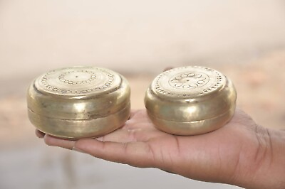 #ad 2 Pc Vintage Brass Engraved Handcrafted Round Quality Betel Nut Box $40.00