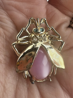 #ad Pink Golden Spider Charm Brooch Pin vintage Halloween Pin rhinestone October Pin $4.79