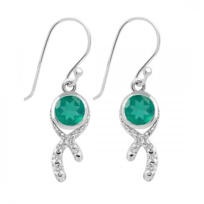 #ad 925 Solid Silver Sterling Green Onyx Round Shape Classic Hook Earrings For Women $11.11