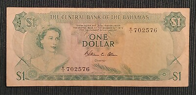 #ad 1974 Bahamas One Dollar Bill QEII Sea Garden $3.95
