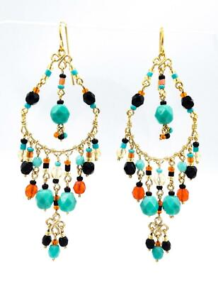 NEW ARTISANAL Turquoise Orange Coral Black Onyx Crystal Gold Chandelier Earrings $19.99