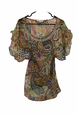 #ad Solitaire Womens Tunic Top Size S sequin embroidery Short Sleeve $18.00