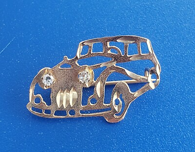 #ad Vintage Solid Yellow Gold 14k Rolls Royce Brooch Pin with Diamond Headlights $179.00