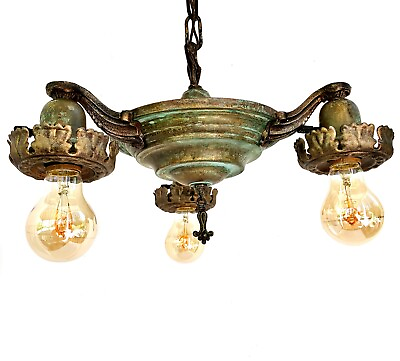 #ad Antique Chandelier Pan Light 3 Lights Copper Verdigris 1920s Rewired Original $295.00